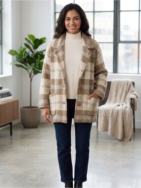 I.B. Diffusion Plaid Mohair Blend Winter Peacoat w/ Shoulder Pads Size Small